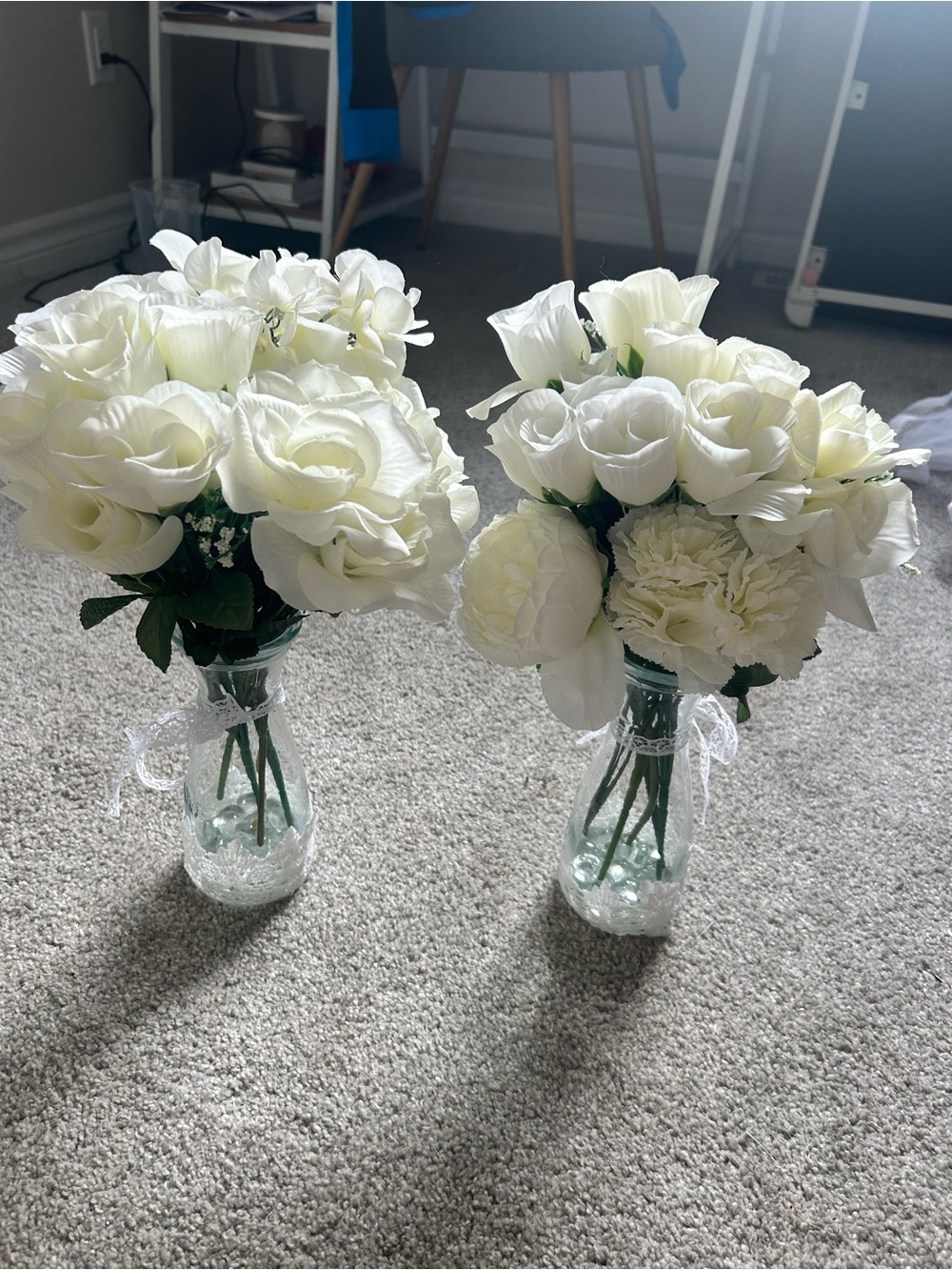 Elegant White Artificial Rose & Peony Bouquet in Clear Glass Vase